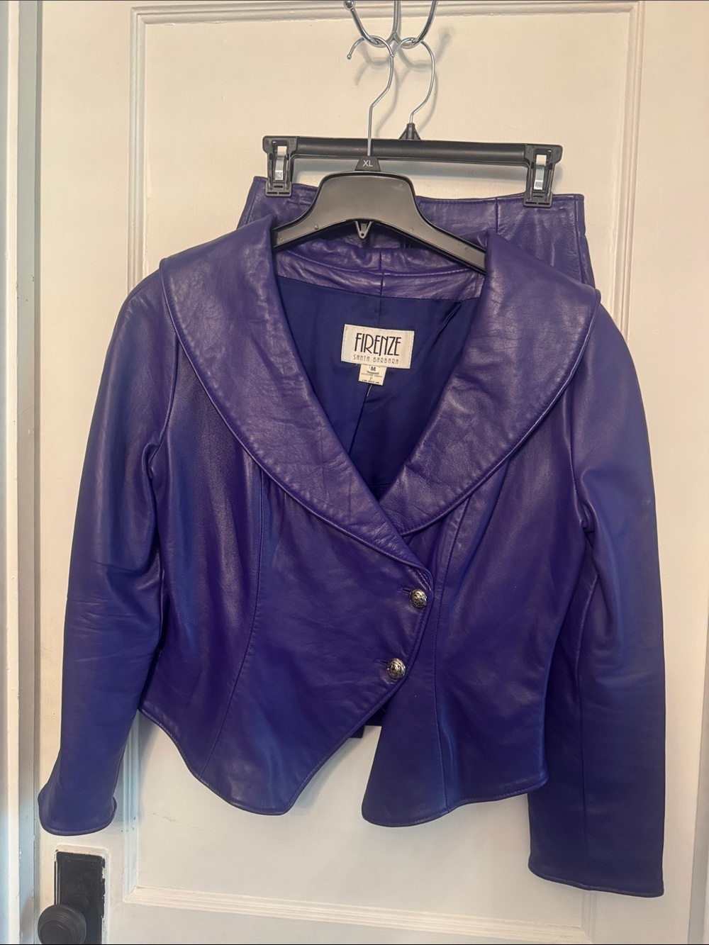 Leather purple Suit Jacket and skirt soft leather . Small spot are on leather.